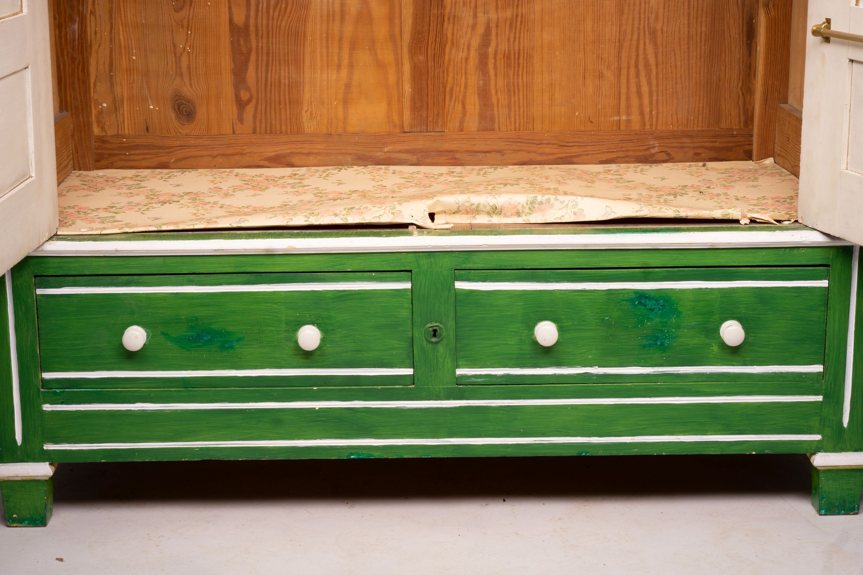 A late Victorian painted pine two door wardrobe, W.120cm H.212cm